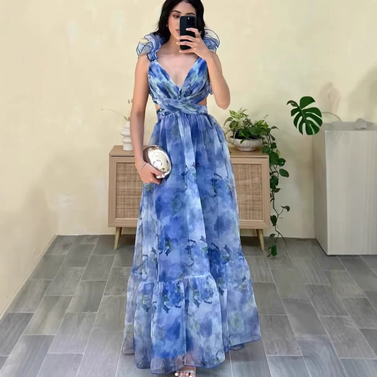 V-Neck Ruffle Wedding Guest Maxi Dress for Women