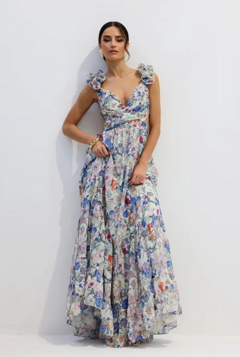 V-Neck Ruffle Wedding Guest Maxi Dress for Women