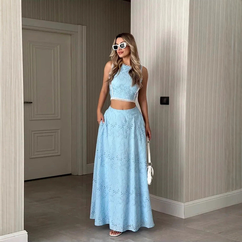 Sleeveless Wedding Guest Maxi Dress with Eyelet Embroidery for Women