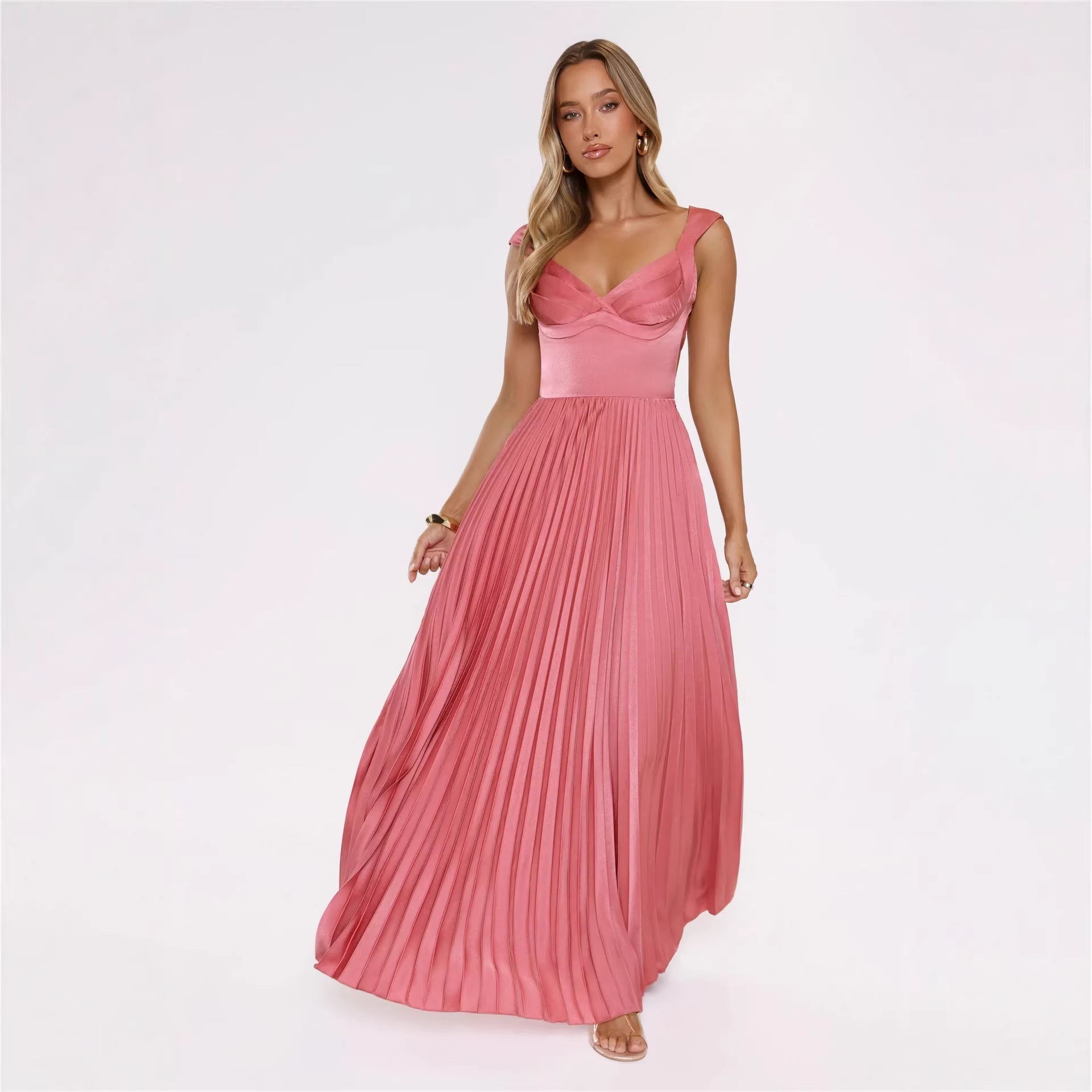 Pleated V-Neck Wedding Guest Maxi Dress for Women