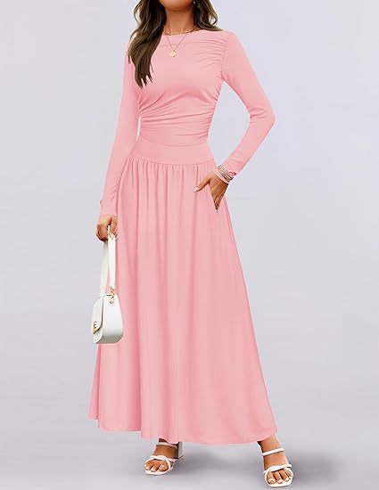 Long Sleeve Wedding Guest Maxi Dress with Pockets for Women
