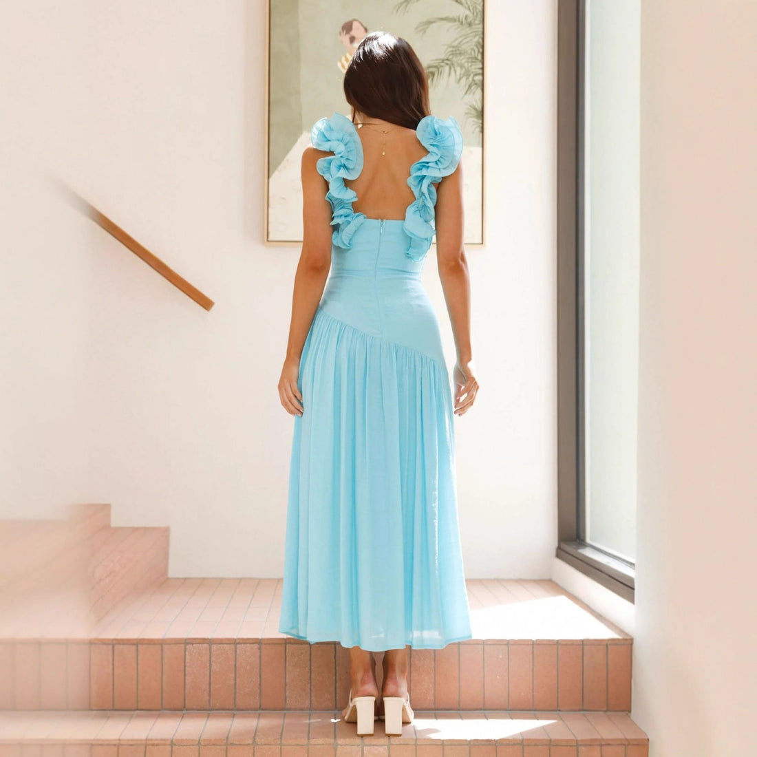 Ruffle V-Neck Wedding Guest Maxi Dress for Women