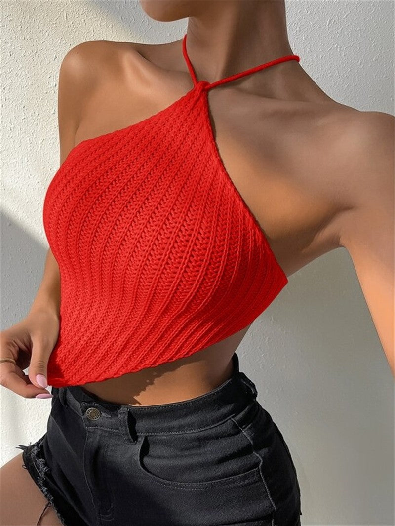 Halter Neck Ribbed Crochet Crop Top for Women