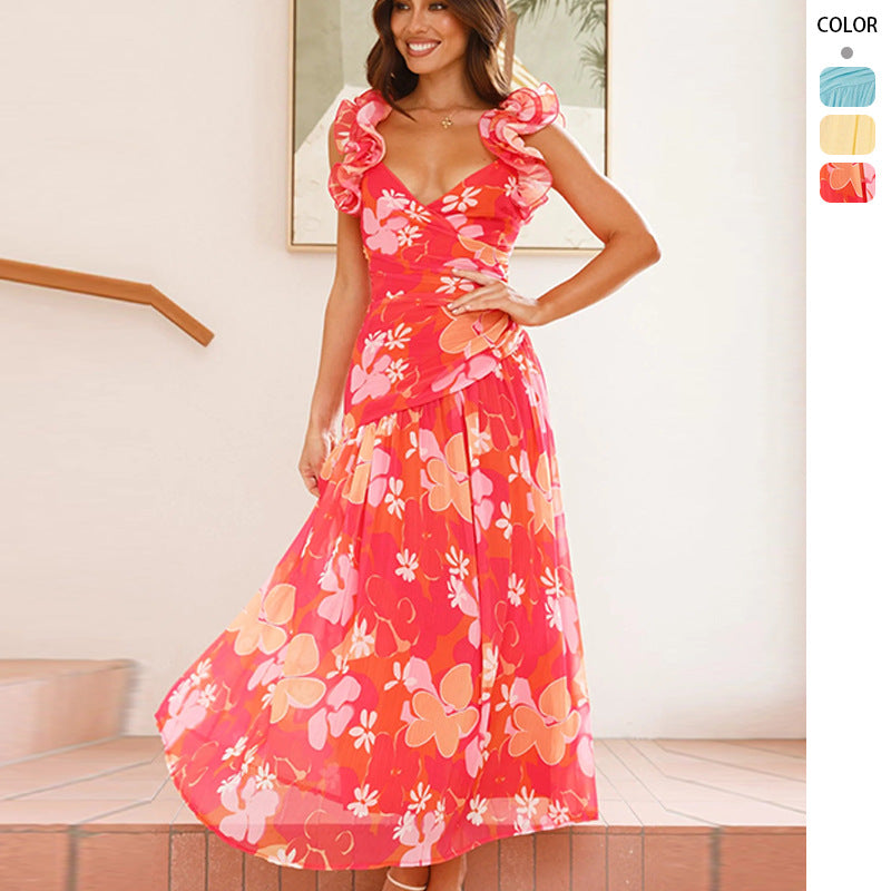 Ruffle V-Neck Wedding Guest Maxi Dress for Women