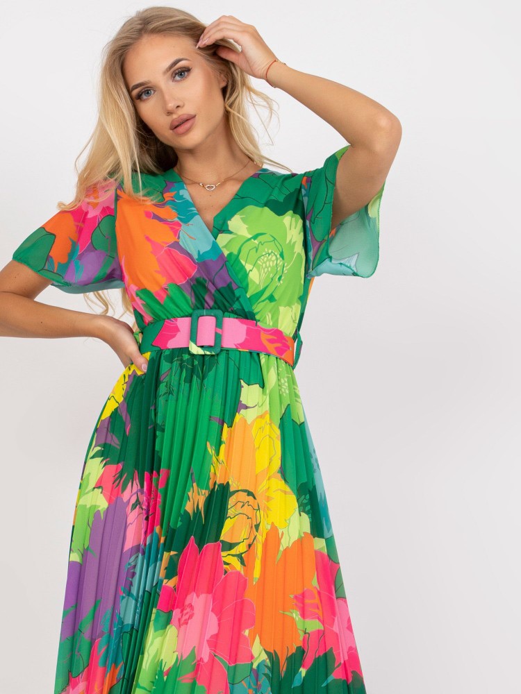 Pleated Floral Maxi Dress with Belt for Women