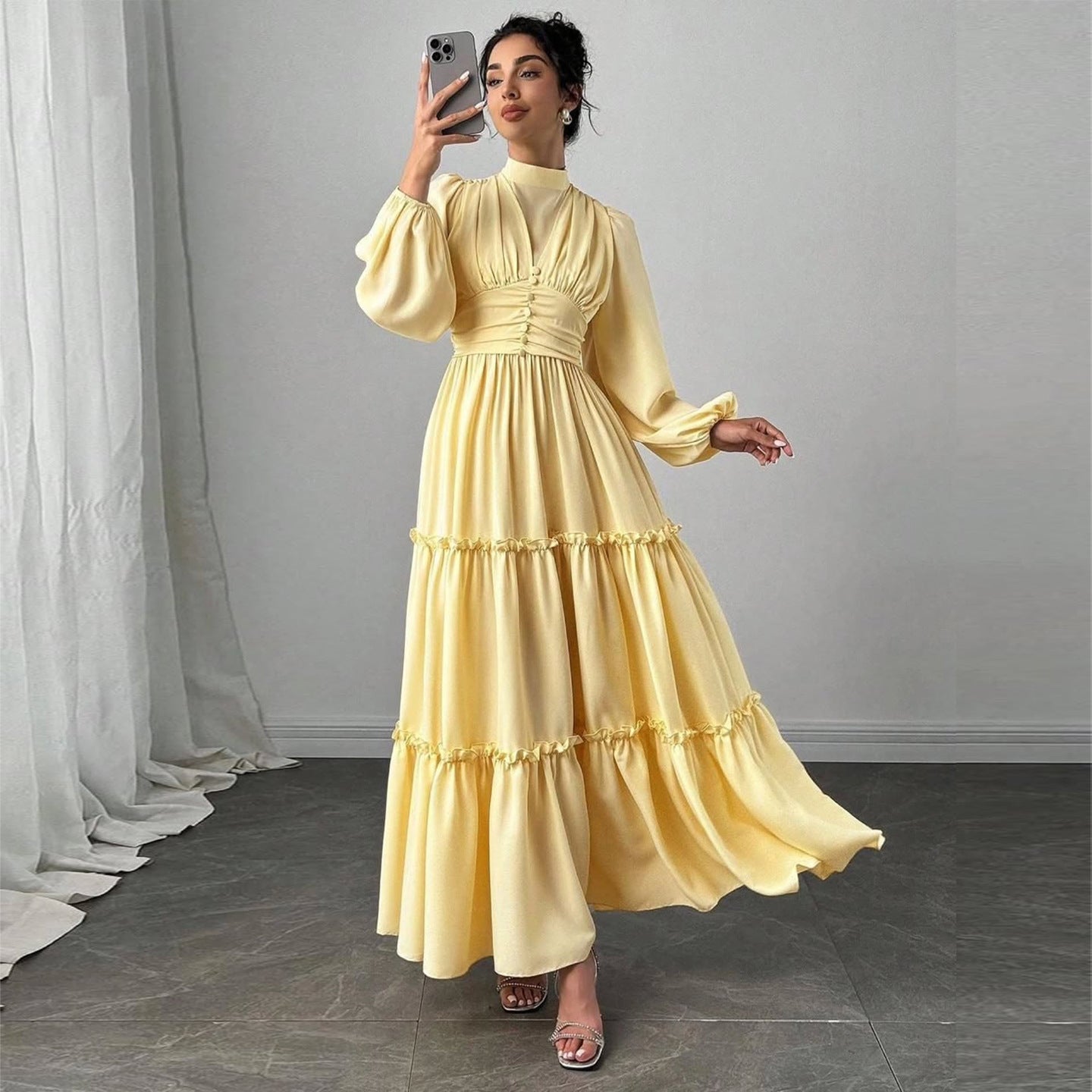 Puff Sleeve Wedding Guest Maxi Dress with Ruffle Hem for Women