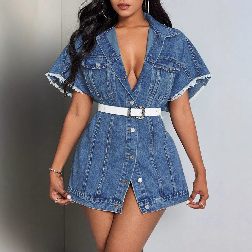 Belted Button-Down Denim Shirt Dress for Women
