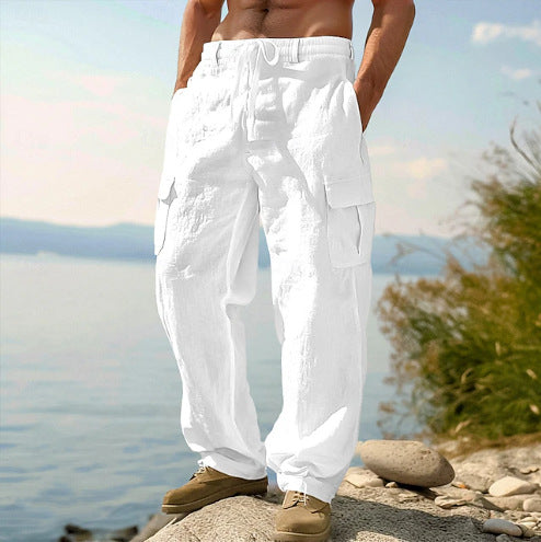 Straight Leg Cargo Trousers with Side Pockets for Men - White