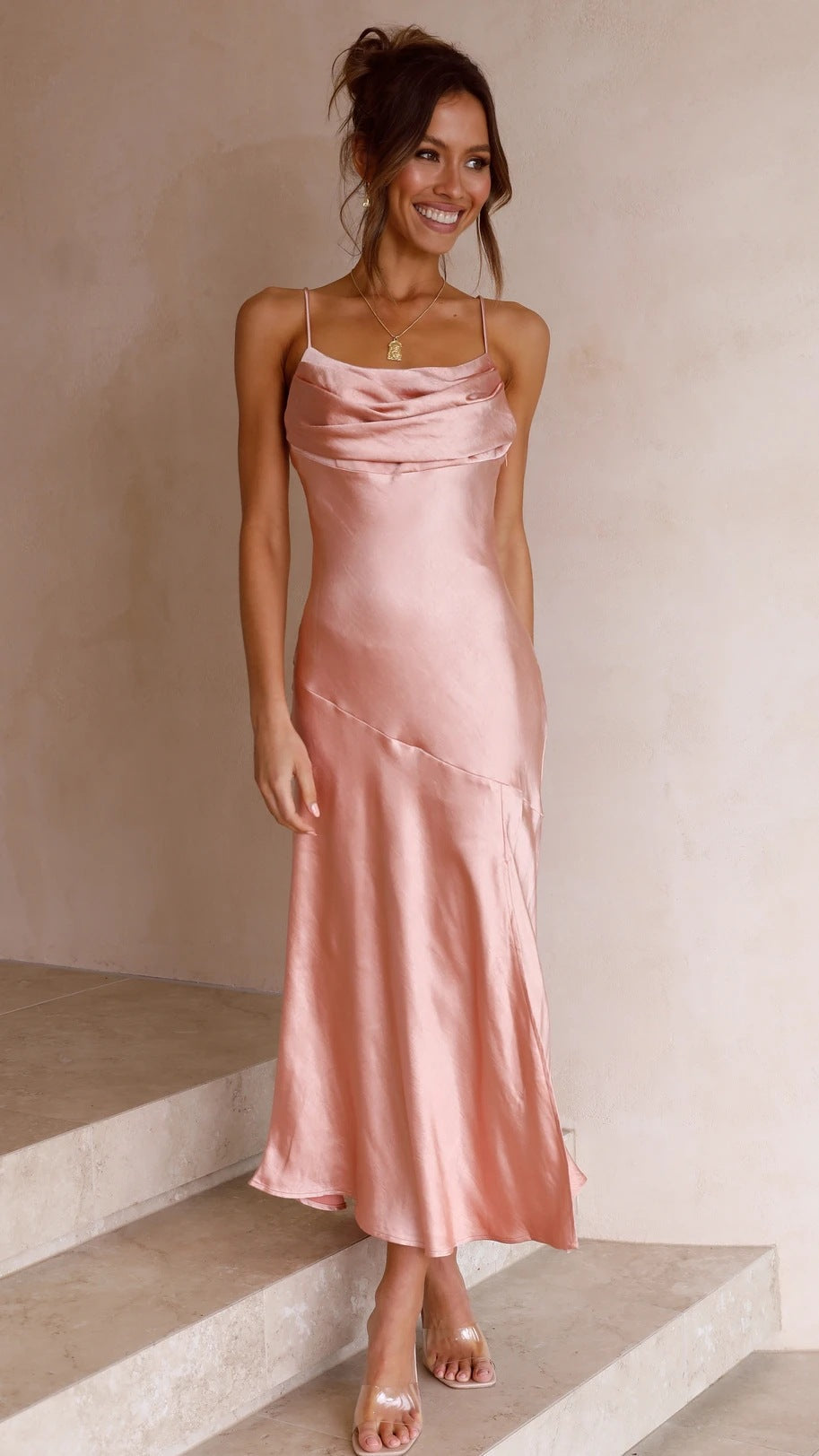 Satin Cowl Neck Maxi Dress with Split for Wedding Guest for Women