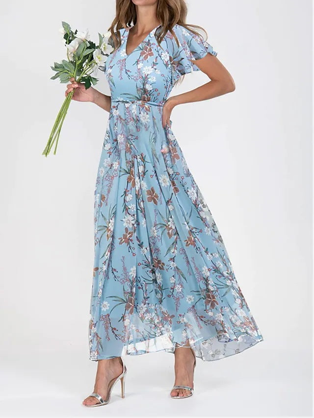 Floral V-Neck Wrap Maxi Wedding Guest Dress for Women