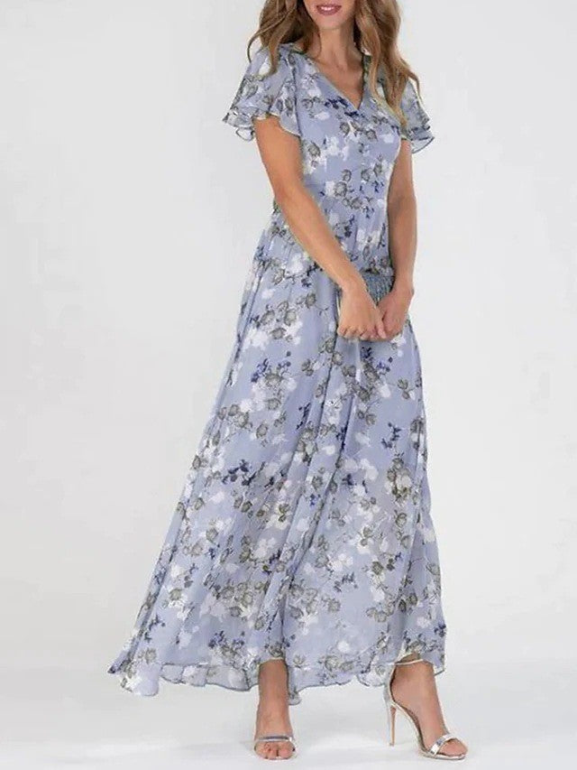 Floral V-Neck Wrap Maxi Wedding Guest Dress for Women