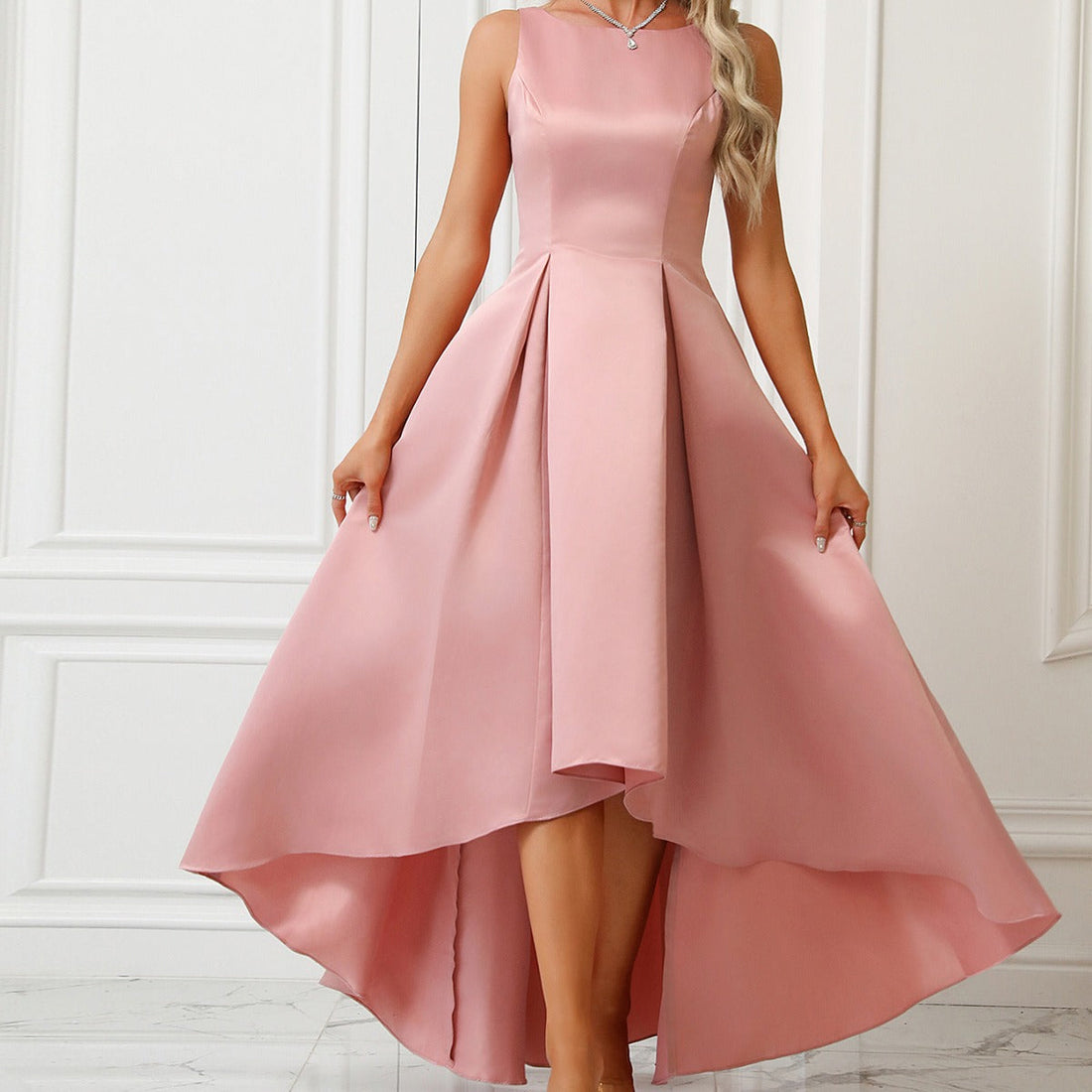 Sleeveless Satin Pleated Maxi Dress for Women