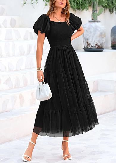 Puff Sleeve Wedding Guest Tiered Maxi Dress for Women