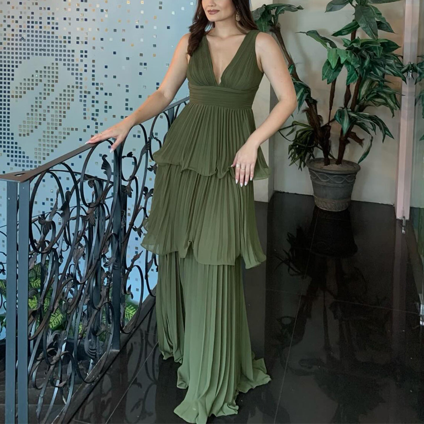 Pleated V-Neck Sleeveless Wedding Guest Maxi Dress for Women