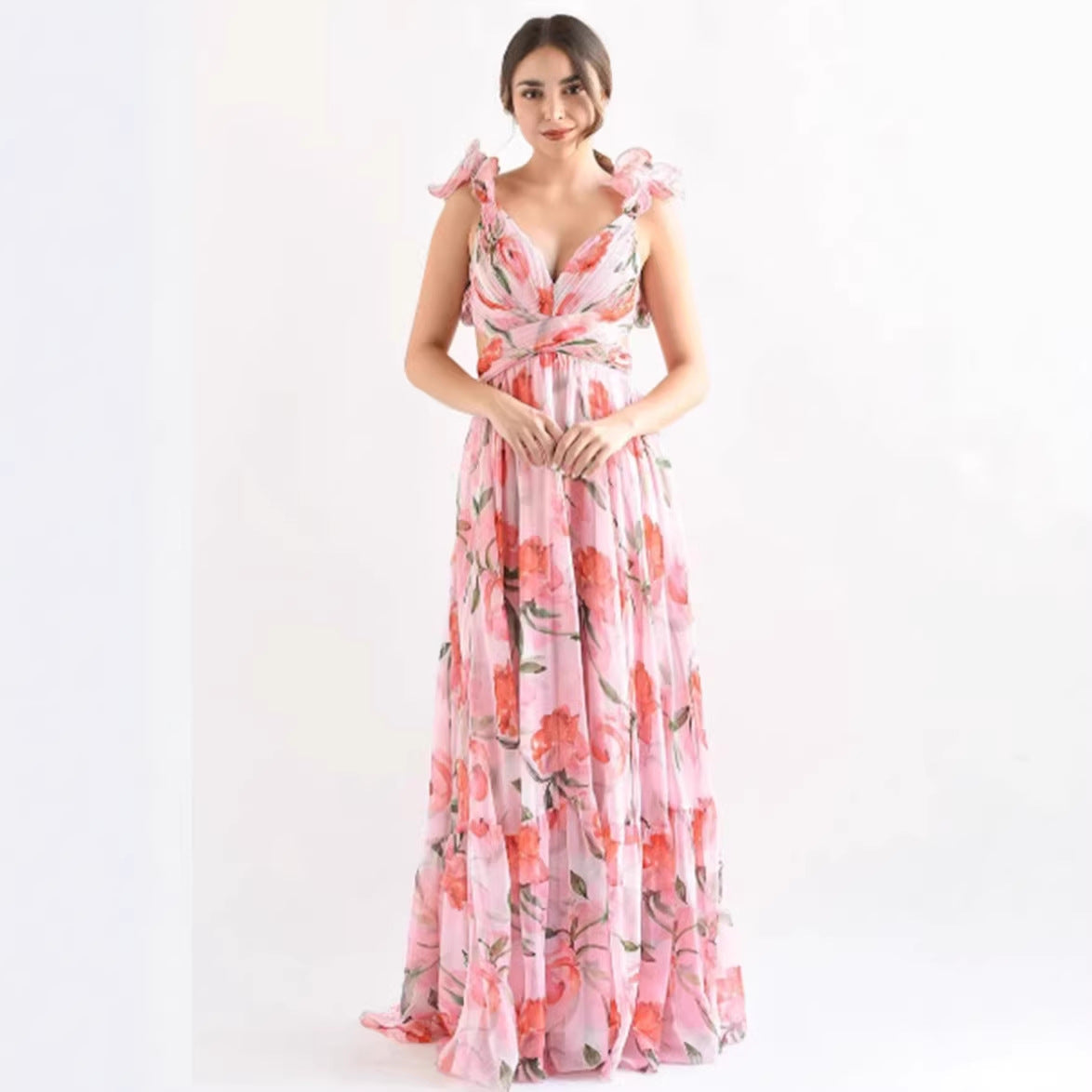 V-Neck Ruffle Wedding Guest Maxi Dress for Women