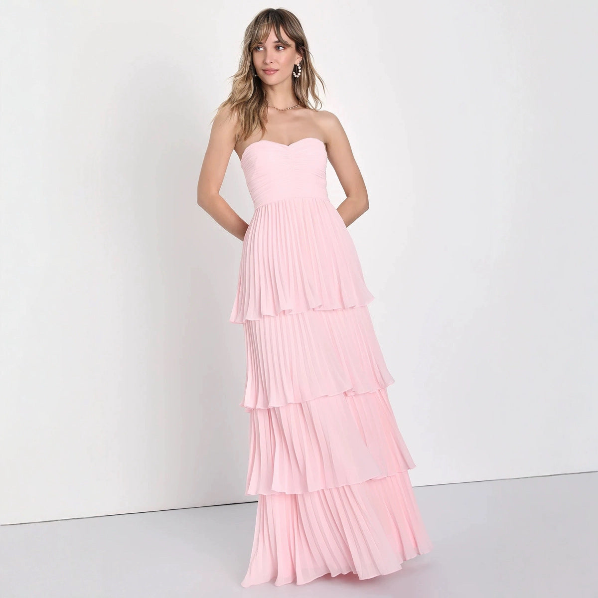 Strapless Tiered Ruffle Wedding Guest Maxi Dress for Women