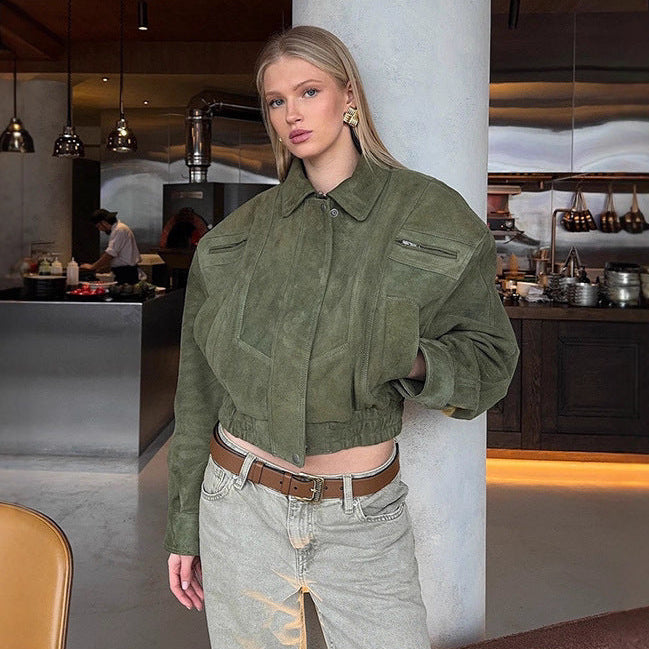 Cropped Suede Bomber Jacket for Women