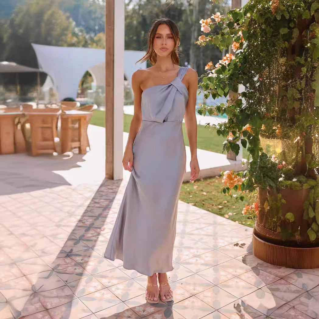 One-Shoulder Draped Wedding Guest Midi Dress for Women
