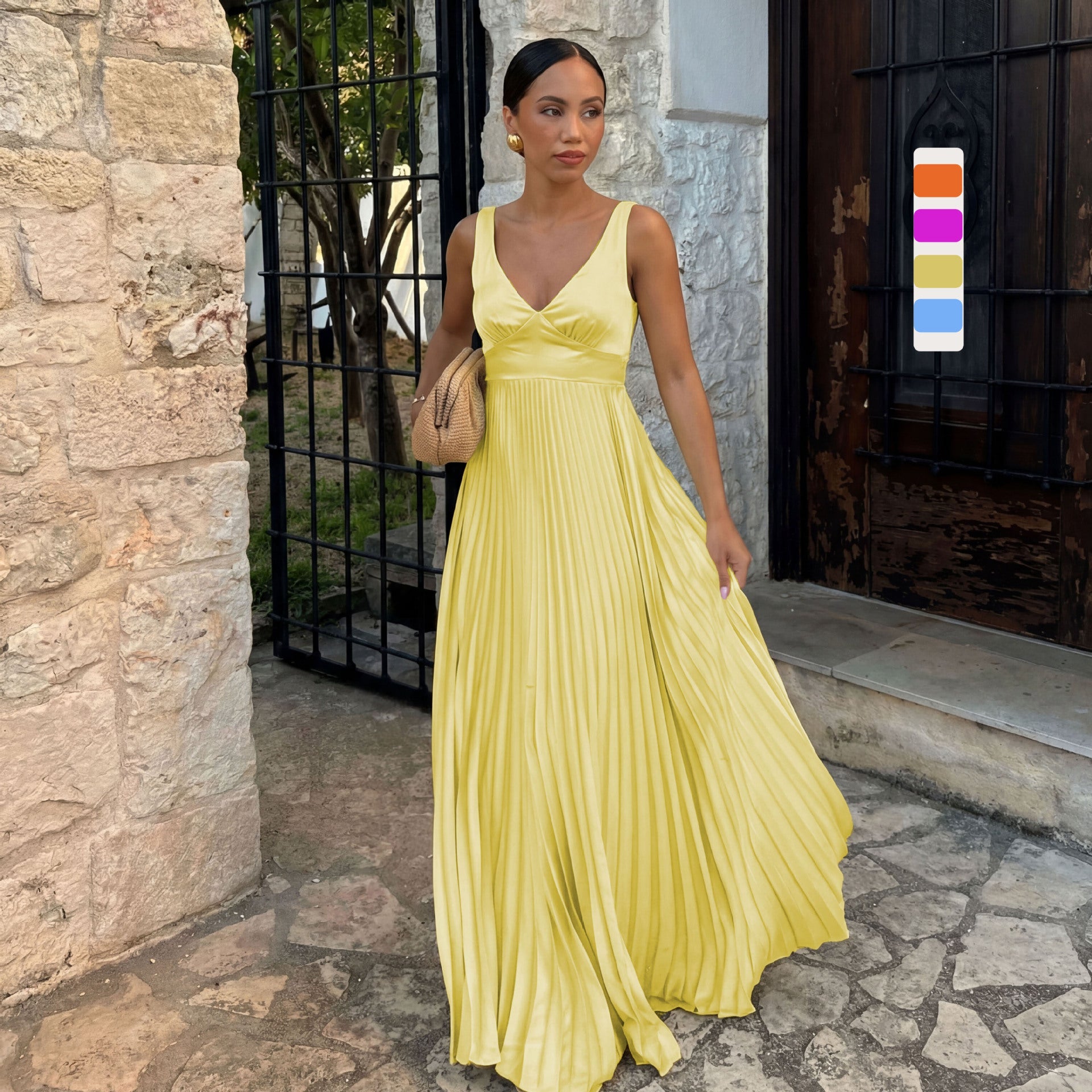 Pleated V-Neck Wedding Guest Maxi Dress for Women