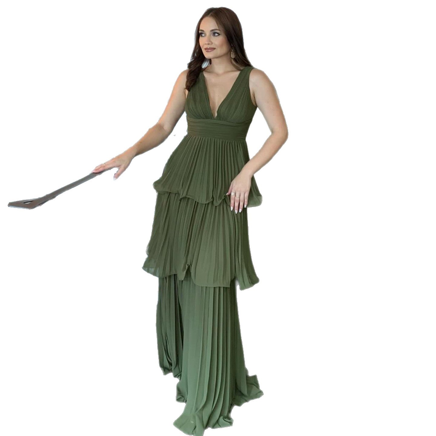 Pleated V-Neck Sleeveless Wedding Guest Maxi Dress for Women
