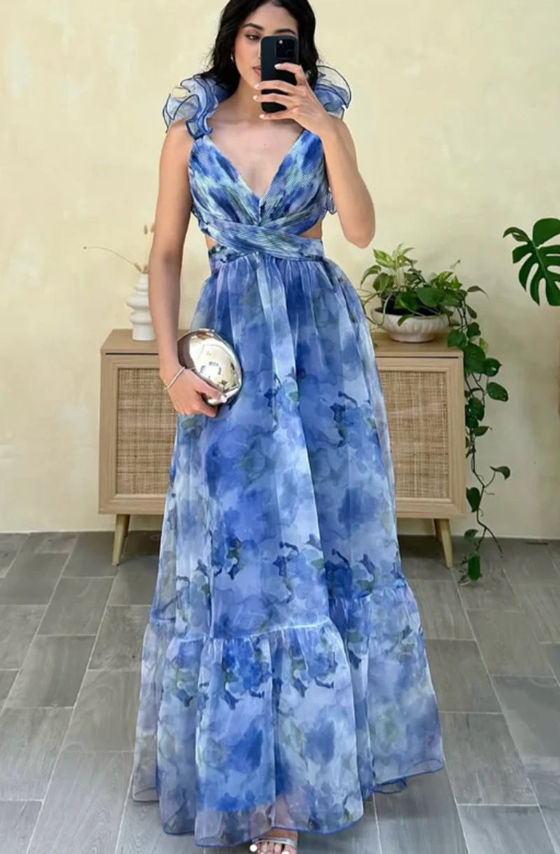 V-Neck Ruffle Wedding Guest Maxi Dress for Women