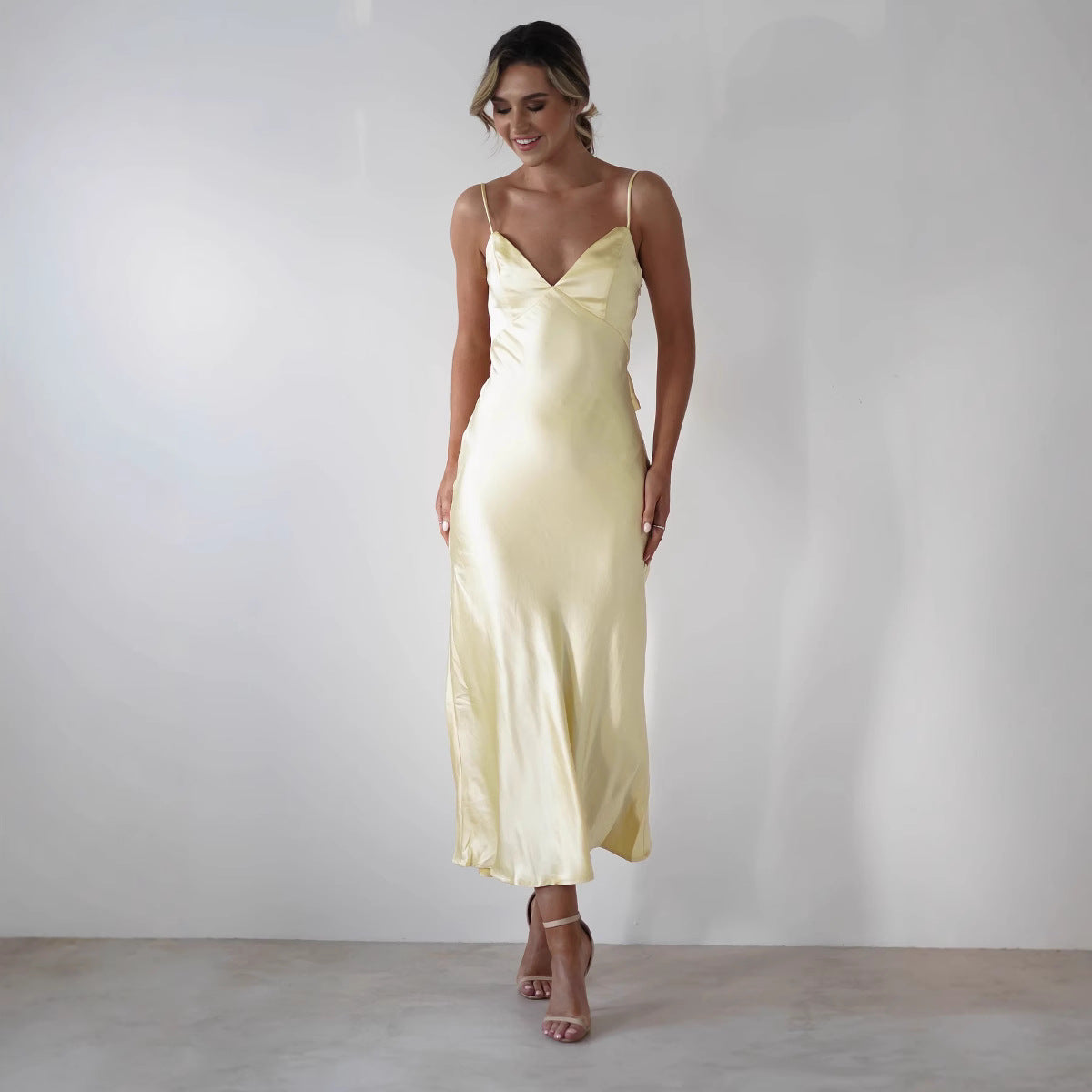 Satin V-Neck Spaghetti Strap Wedding Guest Maxi Dress for Women