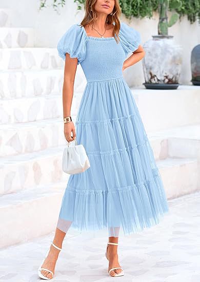 Puff Sleeve Wedding Guest Tiered Maxi Dress for Women
