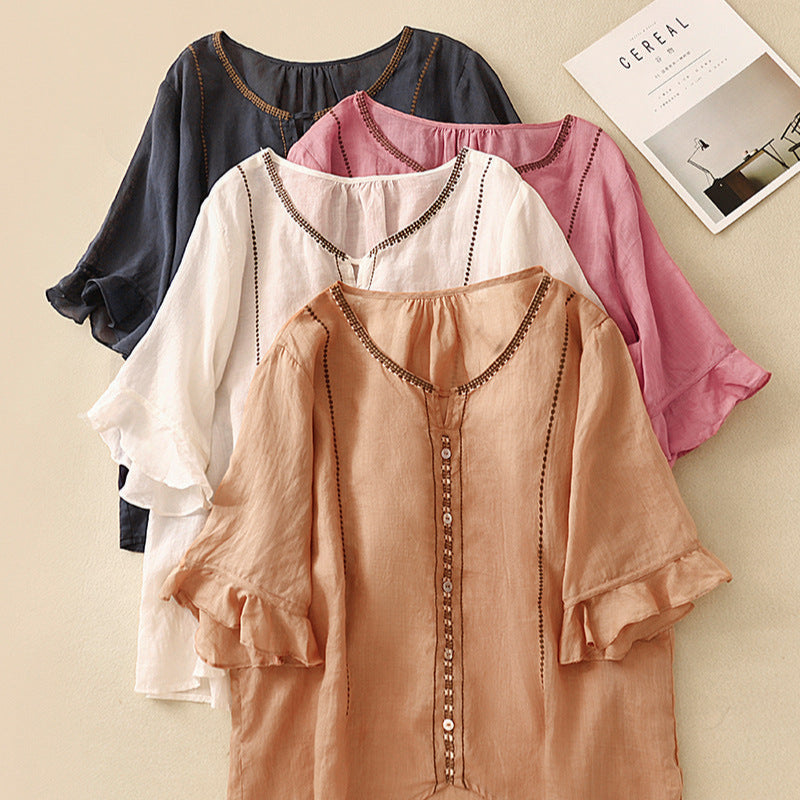 Embroidered Ruffle Sleeve Blouse for Women
