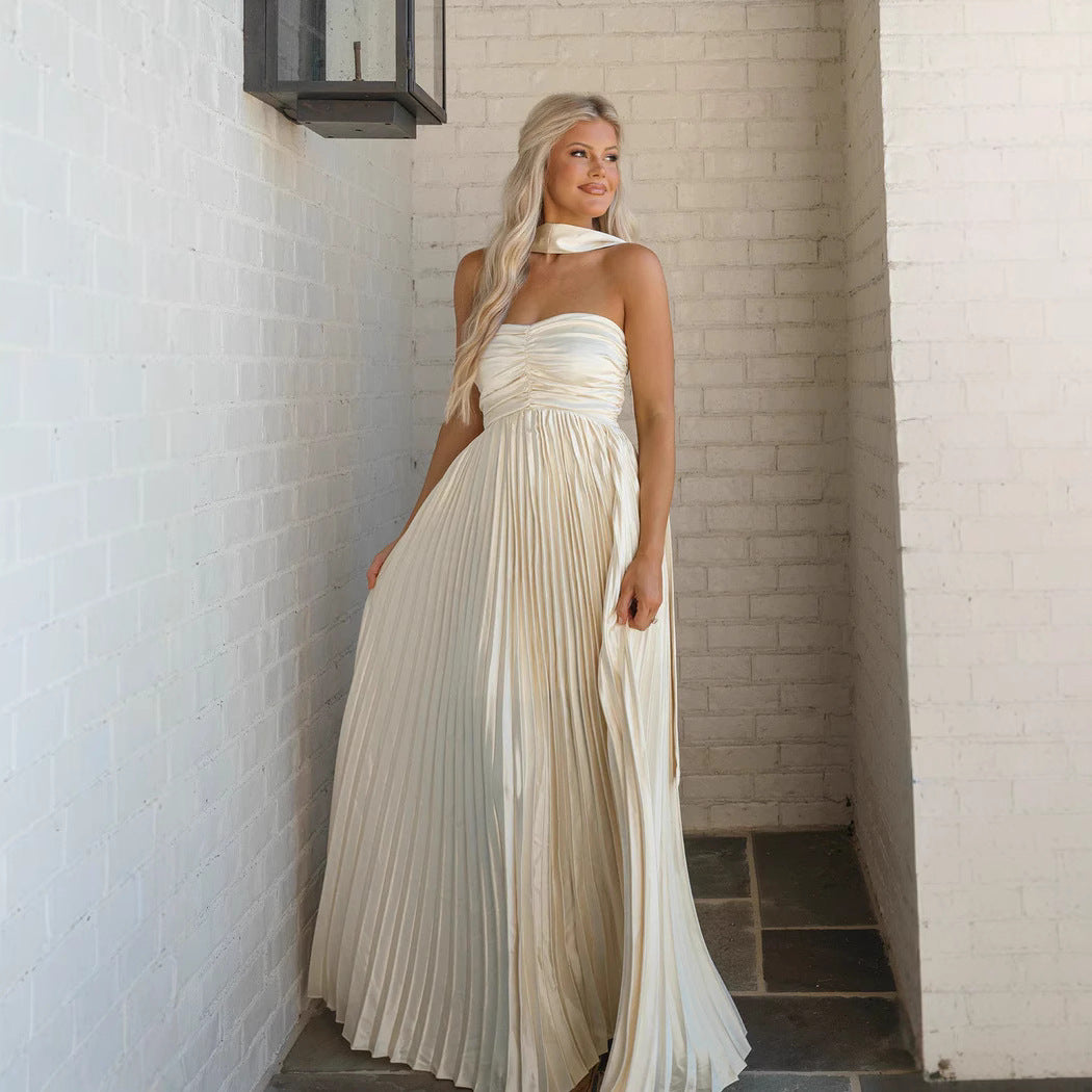 Halterneck Pleated Wedding Guest Maxi Dress for Women