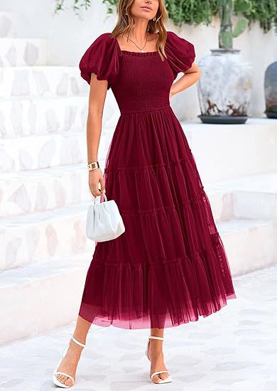 Puff Sleeve Wedding Guest Tiered Maxi Dress for Women