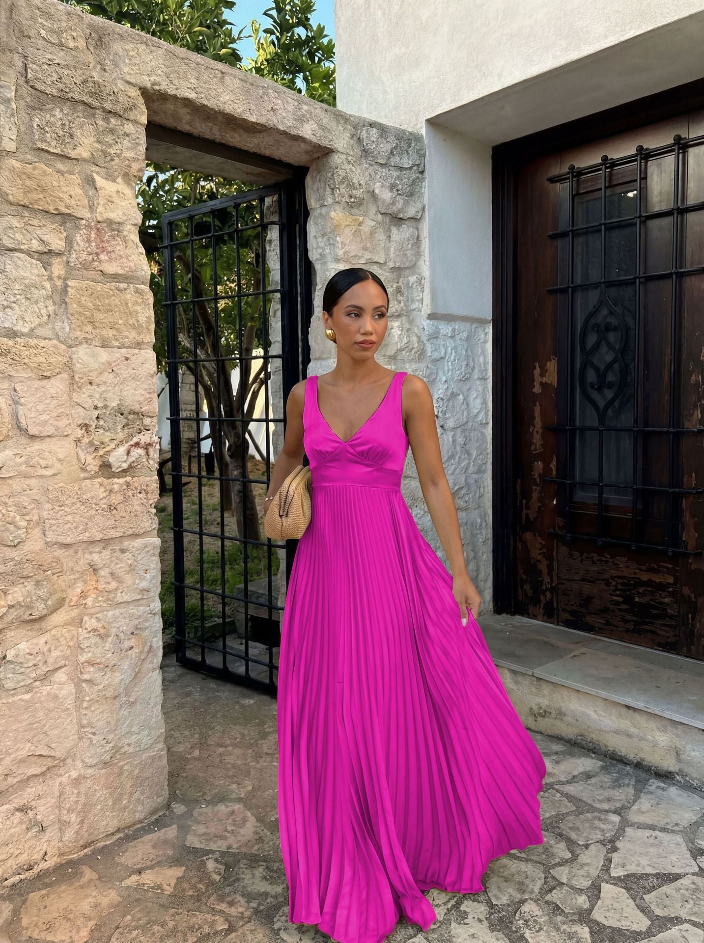 Pleated V-Neck Wedding Guest Maxi Dress for Women
