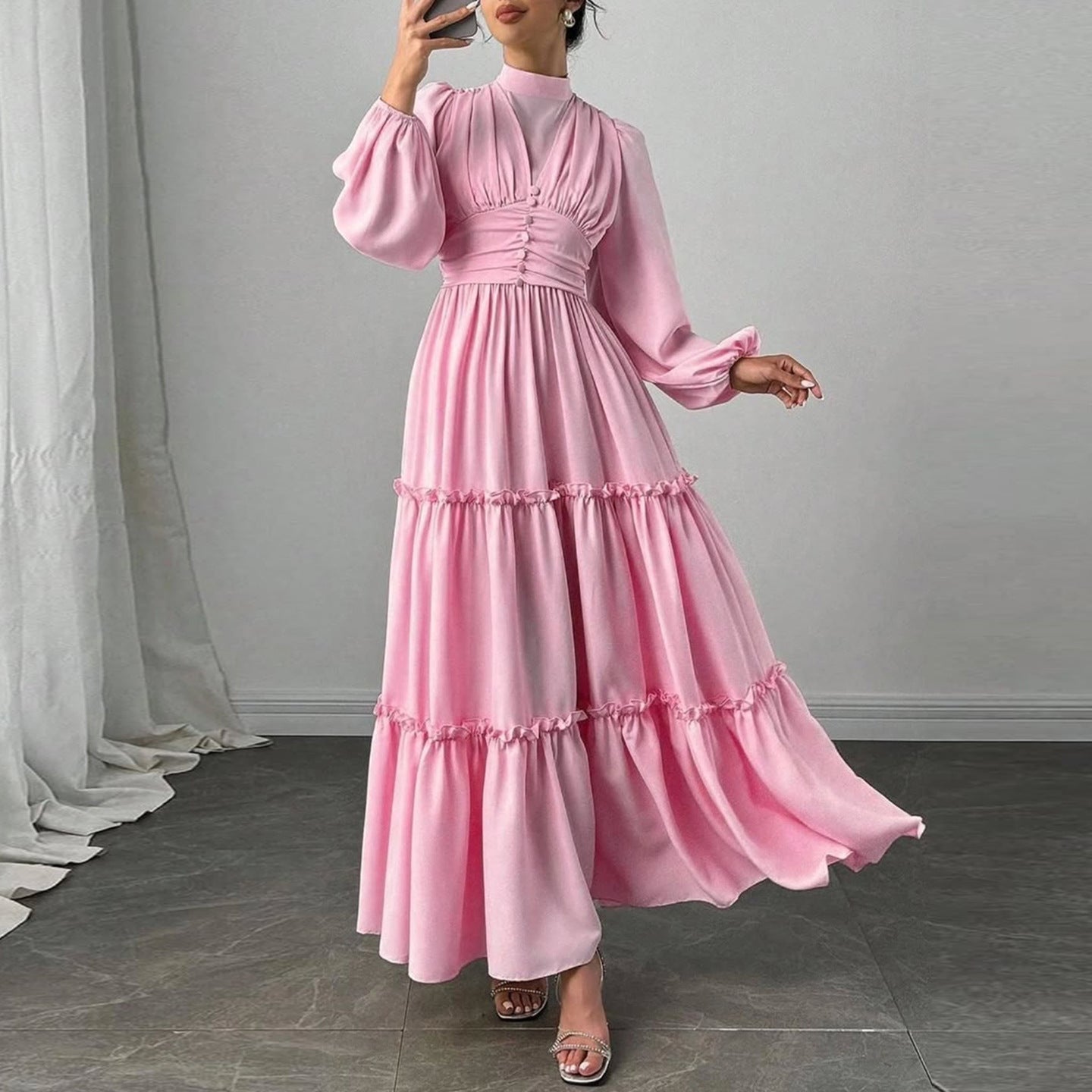 Puff Sleeve Wedding Guest Maxi Dress with Ruffle Hem for Women