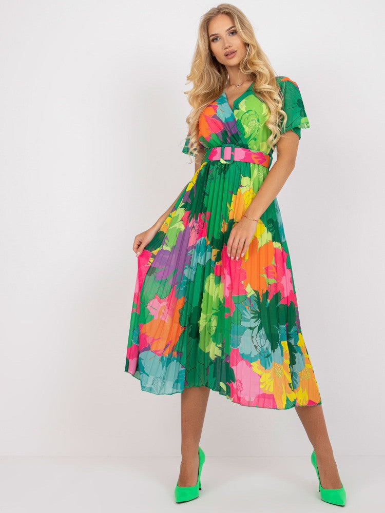 Pleated Floral Maxi Dress with Belt for Women