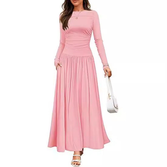Long Sleeve Wedding Guest Maxi Dress with Pockets for Women