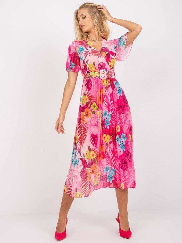 Pleated Floral Maxi Dress with Belt for Women
