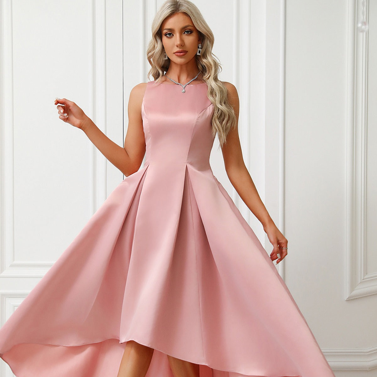 Sleeveless Satin Pleated Maxi Dress for Women