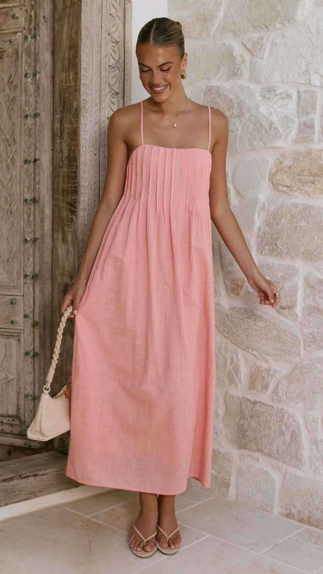Gathered Bodice Spaghetti Strap Wedding Guest Maxi Dress for Women