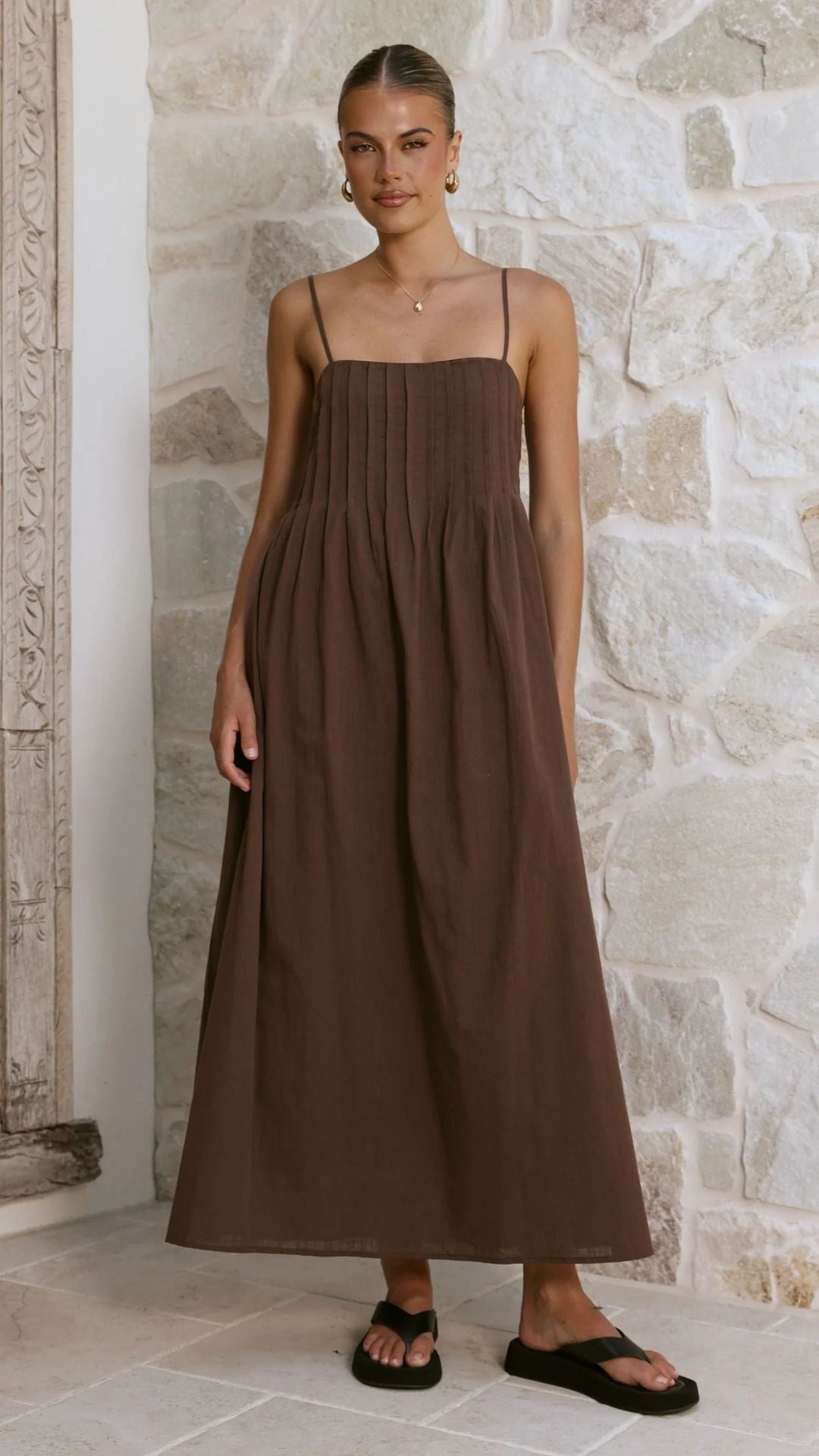 Gathered Bodice Spaghetti Strap Wedding Guest Maxi Dress for Women