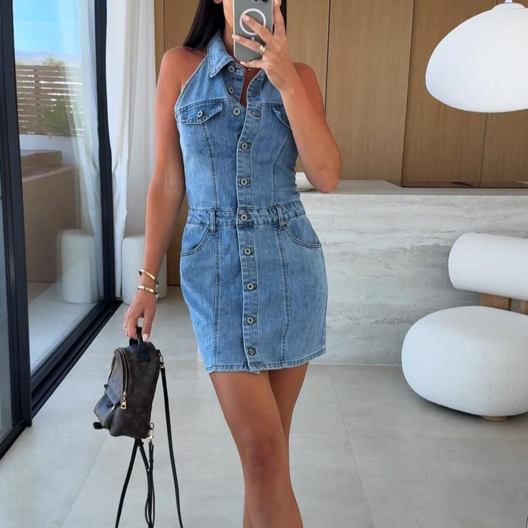 Halterneck Button-Down Denim Dress for Women