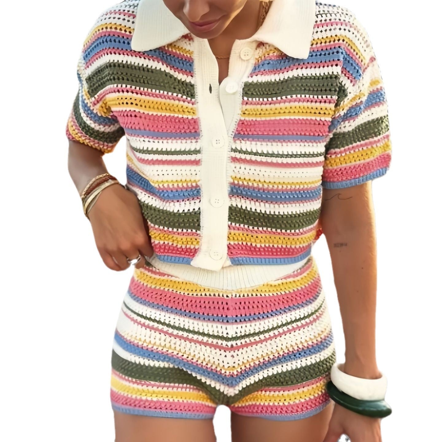Cropped Striped Crochet Co-Ord for Women