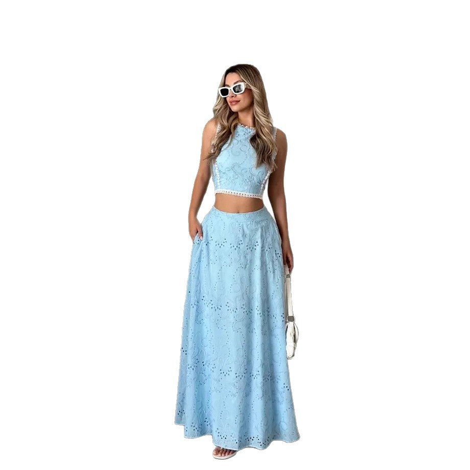 Sleeveless Wedding Guest Maxi Dress with Eyelet Embroidery for Women