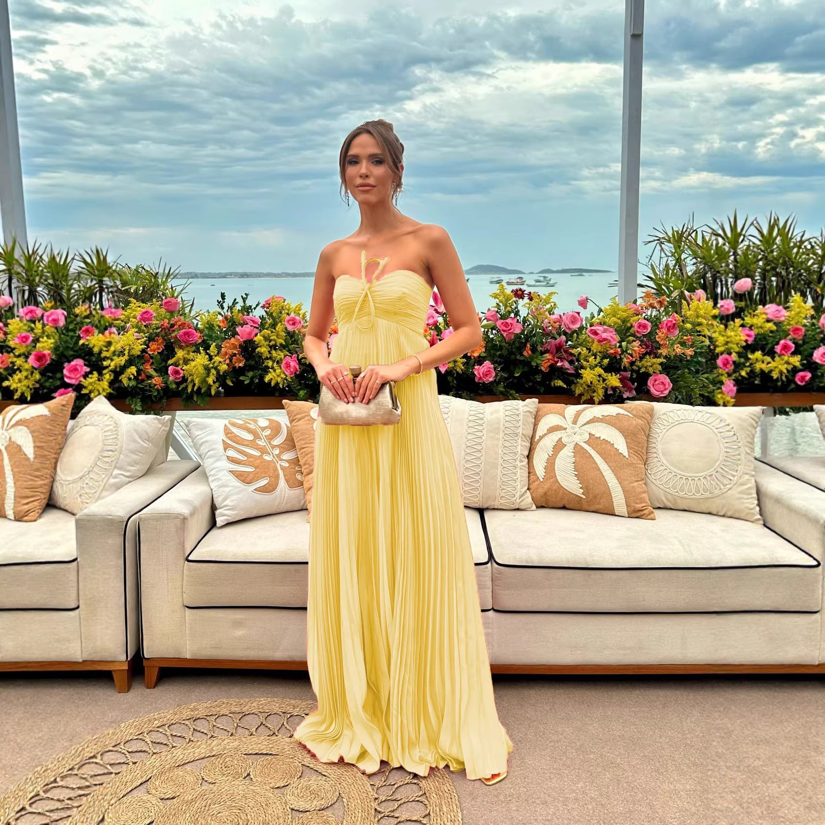 Strapless Pleated Wedding Guest Maxi Dress for Women