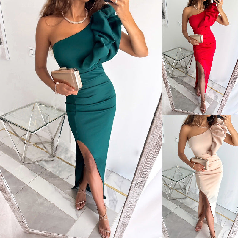 One-Shoulder Midi Dress with High Slit for Women