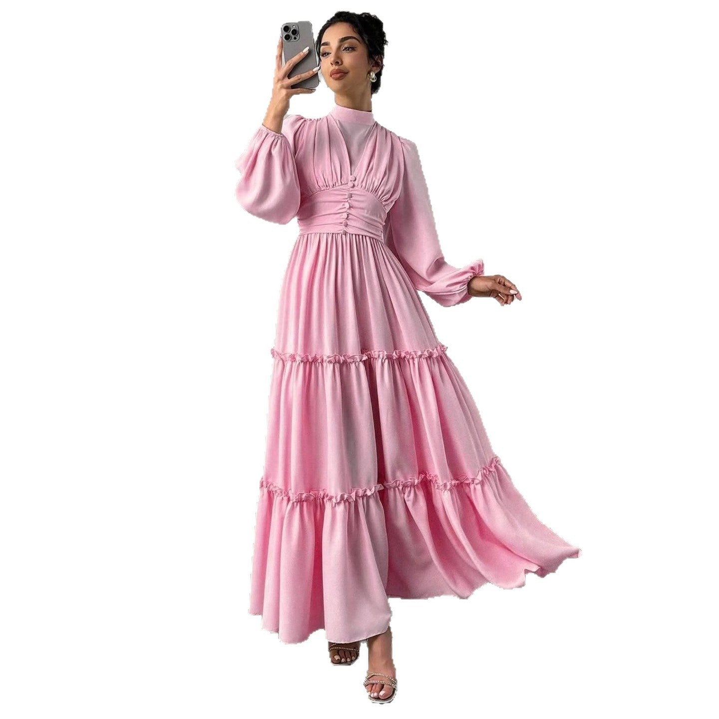 Puff Sleeve Ruffle Hem Wedding Guest Maxi Dress for Women