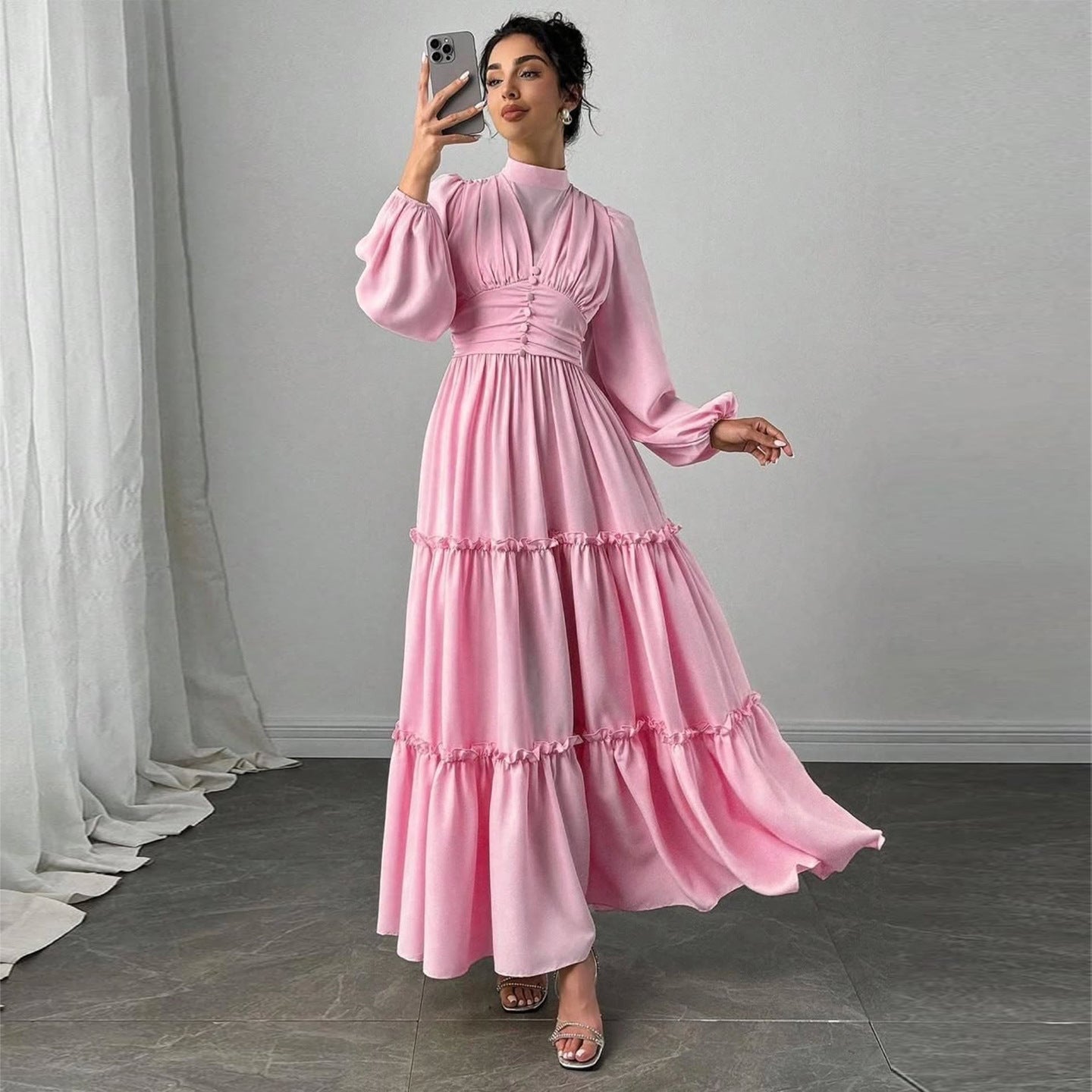 Puff Sleeve Wedding Guest Maxi Dress with Ruffle Hem for Women