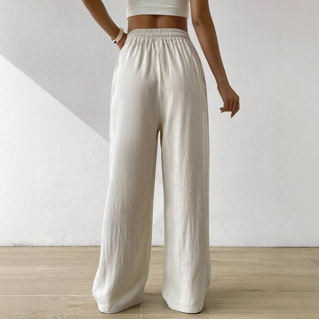 Relaxed Fit Linen Trousers with Drawstring Waist for Women