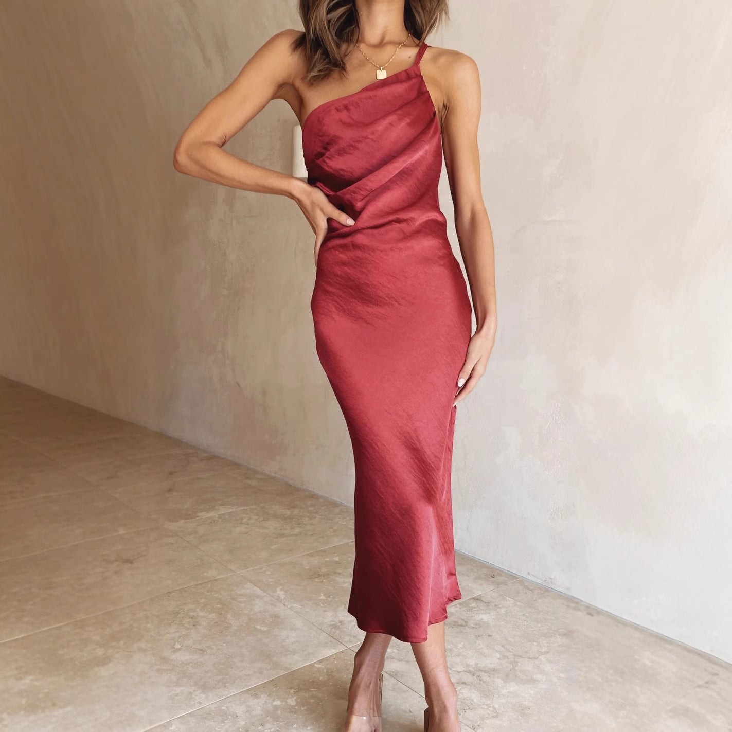 Asymmetrical One-Shoulder Satin Wedding Guest Midi Dress for Women