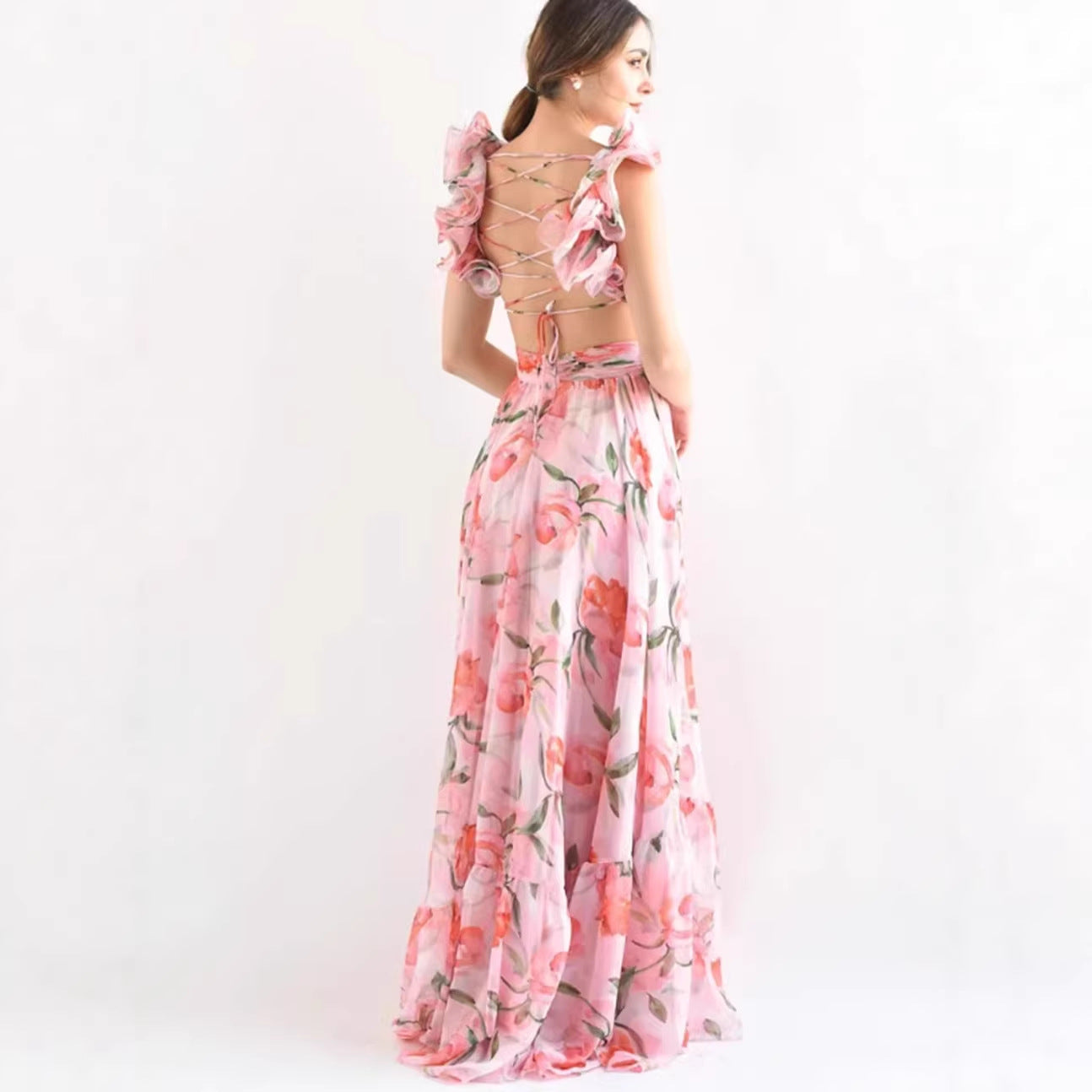 V-Neck Ruffle Wedding Guest Maxi Dress for Women