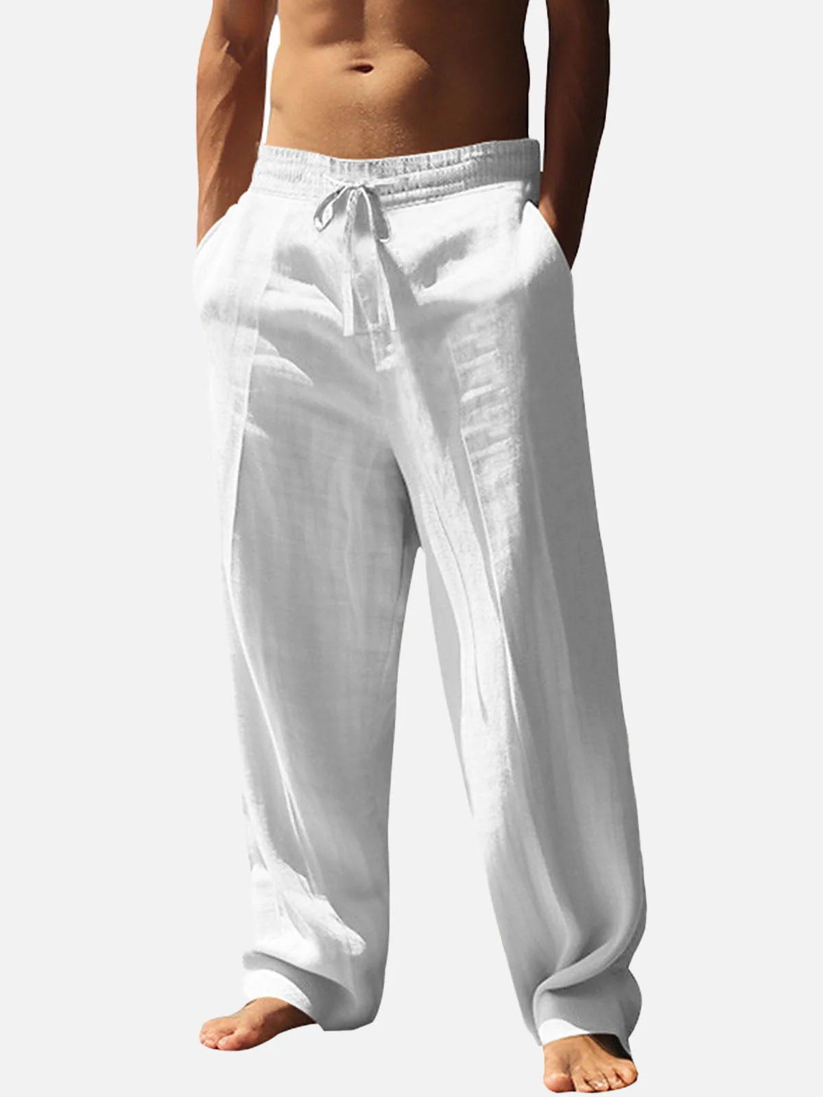 Linen Trousers with Elastic Waistband and Side Pockets for Men