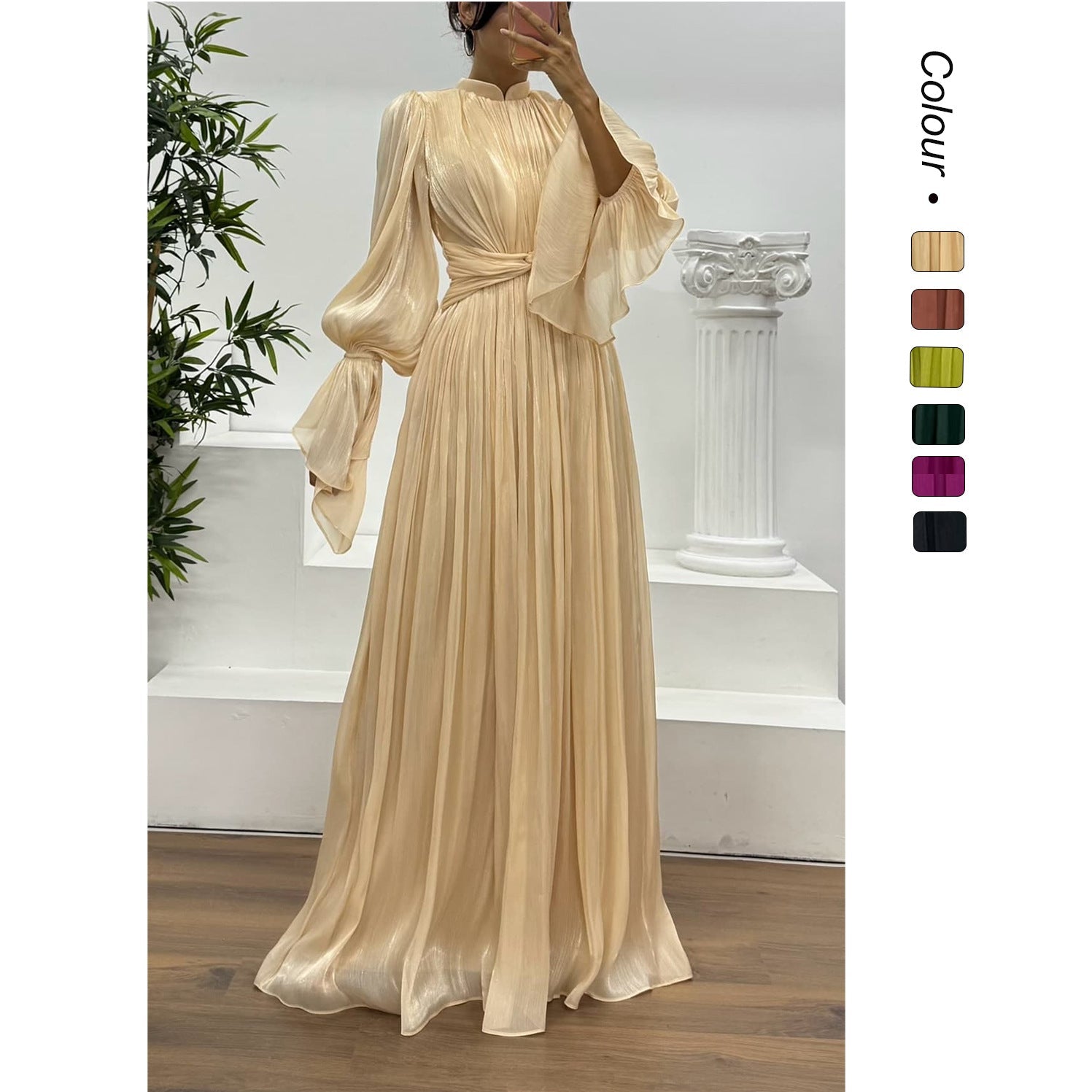 Pleated Long Sleeve Wedding Guest Maxi Dress for Women